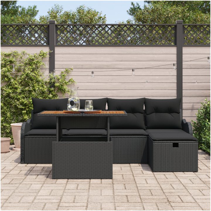 6 Delar Trädgårdssoffa Set med Kuddar Svart Poly Rotting vidaXL Stor – bild 3