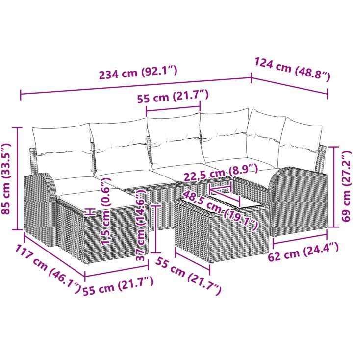 6 Delar Trädgårdssoffset Med Kuddar Brunt Poly Rattan vidaXL 55 x 55 x 37 cm – bild 10
