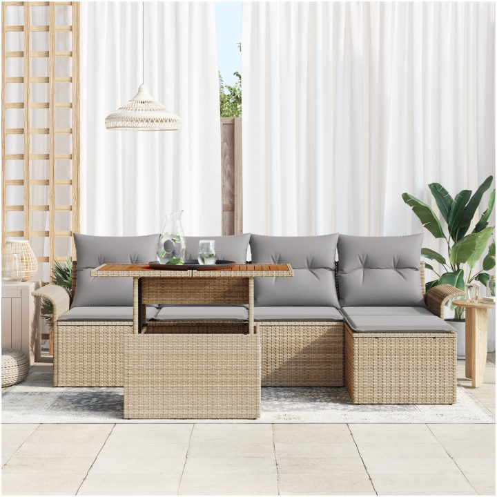 6 delar utomhusmatgrupp med kuddar Beige Poly Rattan och Akacia vidaXL 100 x 55 x 73 cm – bild 3