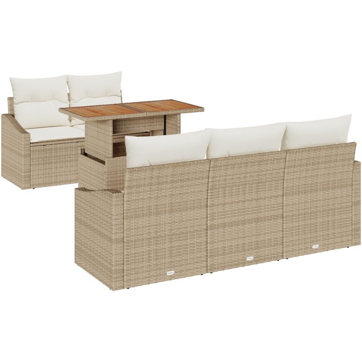 6-delares trädgårdsmöbelset med kuddar, beige poly-rattan och akacia vidaXL 100 x 55 x 73 cm – bild 2