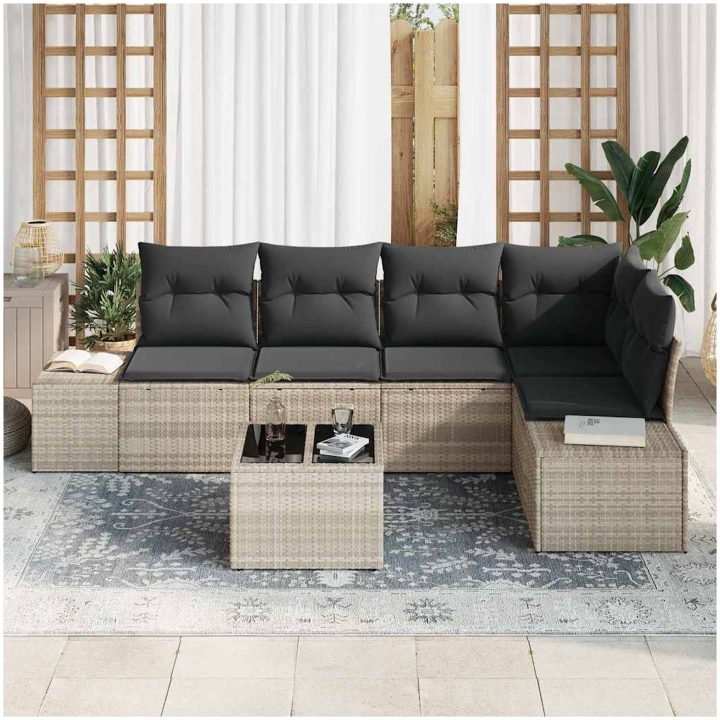 6-delars loungegrupp för trädgården med kuddar i ljusgrå polyrotting vidaXL 55 x 55 x 37 cm – bild 3