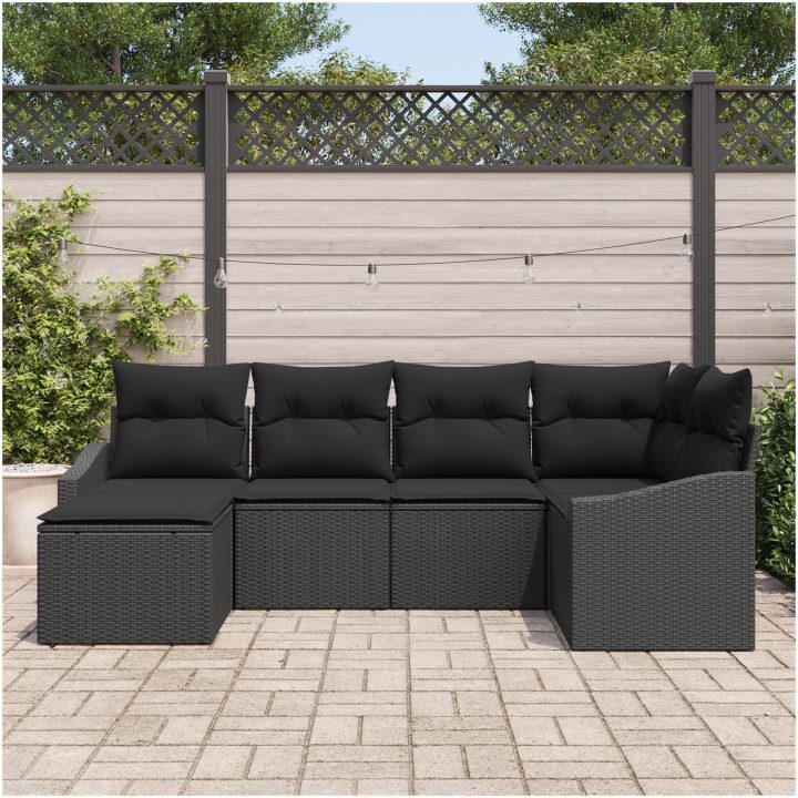 6-delars matgrupp för uteplats med kuddar i svart poly rattan vidaXL 233.5 x 123.5 x 85 cm – bild 3