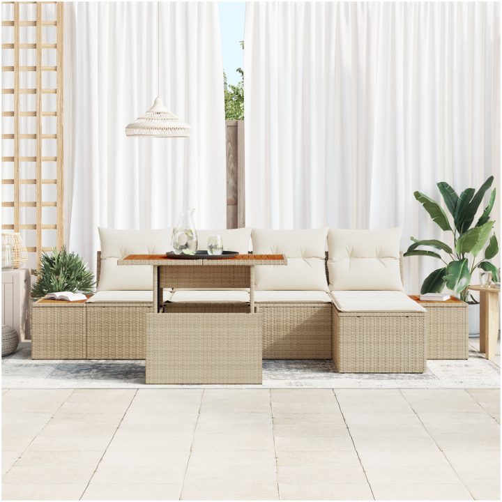 6-delars matgrupp med kuddar i beige poly rattan och akaciaträ vidaXL 100 x 55 x 73 cm – bild 3
