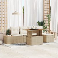 6-delars matgrupp med kuddar i beige poly rattan och akaciaträ vidaXL
