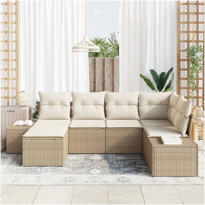 6-delars soffgrupp med kuddar i beige poly rattan vidaXL 264 x 154 x 85 cm – bild 3