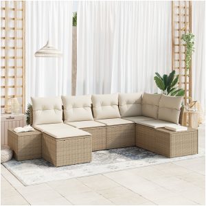 6-delars soffgrupp med kuddar i beige poly rattan vidaXL