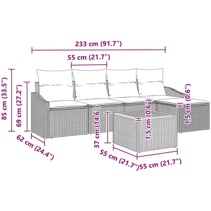 6-delars soffset för trädgården med kuddar i grå poly rattan och akacia vidaXL 55 x 55 x 37 cm – bild 8