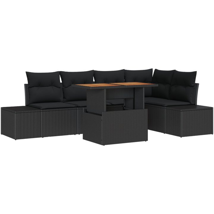 6-delars trädgårdsdining-set med kuddar, svart polyrotting och akacia vidaXL 100 x 55 x 73 cm – bild 2
