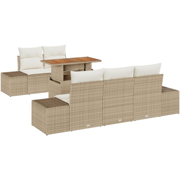 6-delars trädgårdsgrupp med kuddar i beige poly-rattan och akacia vidaXL 100 x 55 x 73 cm – bild 2