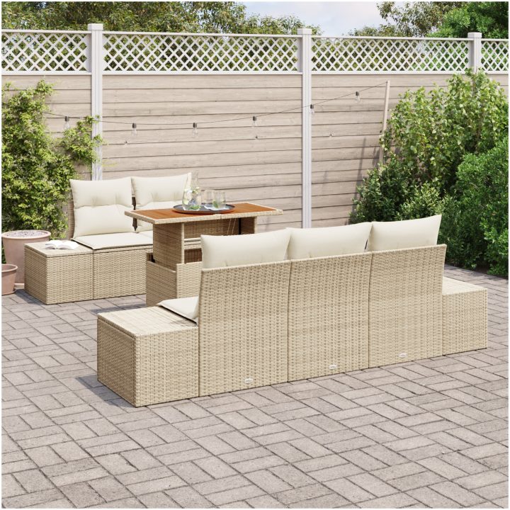 6-delars trädgårdsgrupp med kuddar i beige poly-rattan och akacia vidaXL 100 x 55 x 73 cm – bild 3
