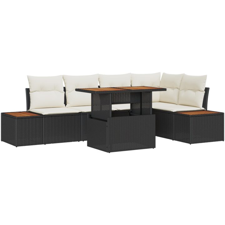 6-delars trädgårdsmatbord med kuddar, svart poly rattan och akacia vidaXL 100 x 55 x 73 cm – bild 2