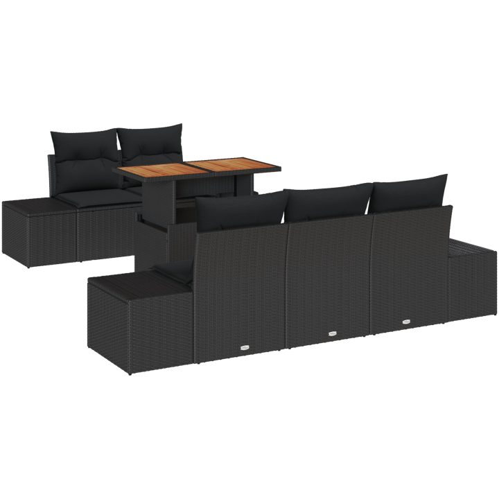 6-delars trädgårdsmatbordset med kuddar i svart poly rattan och akacia vidaXL 100 x 55 x 73 cm – bild 2