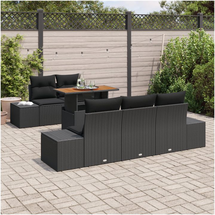 6-delars trädgårdsmatbordset med kuddar i svart poly rattan och akacia vidaXL 100 x 55 x 73 cm – bild 3