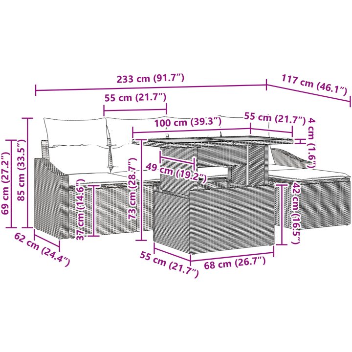 6-delars trädgårdsmöbelset med dynor i grått poly rattan och akacia vidaXL 100 x 55 x 73 cm – bild 11