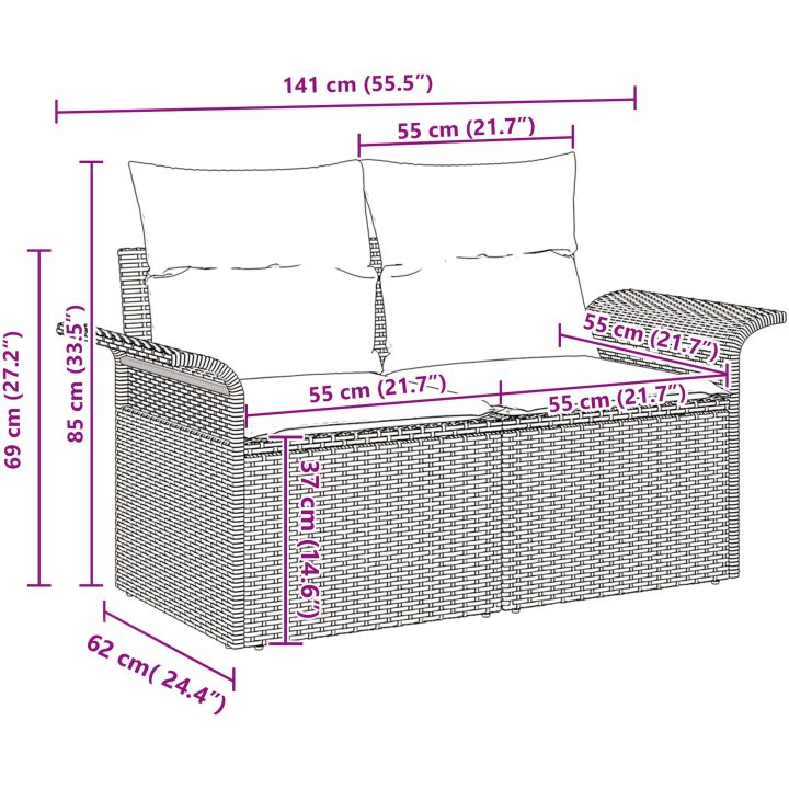6-delars trädgårdsmöbelset med dynor Svart Konstrotting vidaXL 55 x 55 x 37 cm – bild 9