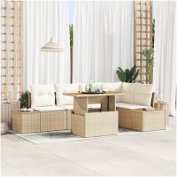 6-delars trädgårdsmöbelset med kuddar i beige poly-rattan och akacia vidaXL