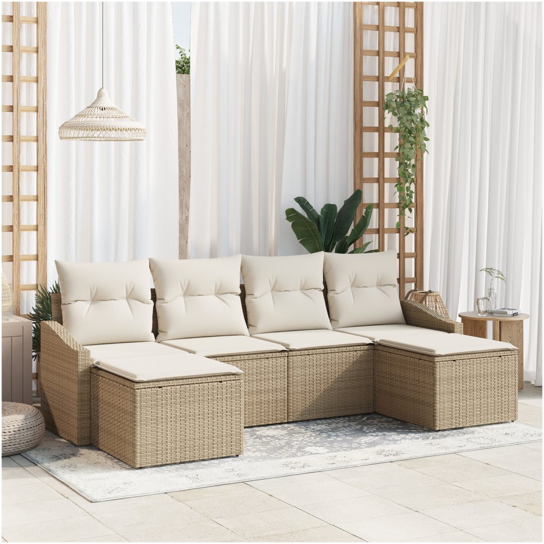 6-delars trädgårdsmöbelset med kuddar i beige poly rattan vidaXL 233 x 117 x 85 cm