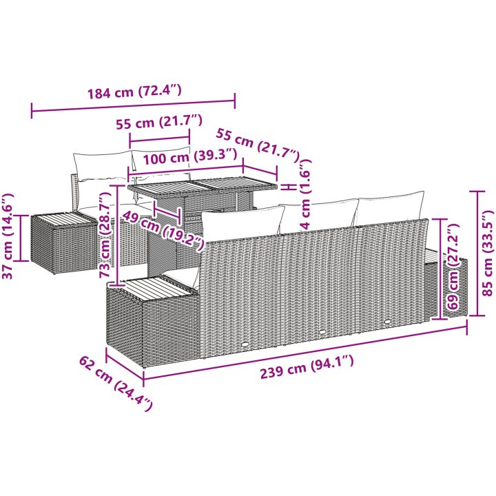 6-delars trädgårdsmöbelset med kuddar i beige vidaXL 100 x 55 x 73 cm – bild 12