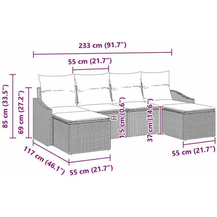 6-delars trädgårdsmöbelset med kuddar i svart polyrotting vidaXL 233 x 117 x 85 cm – bild 12