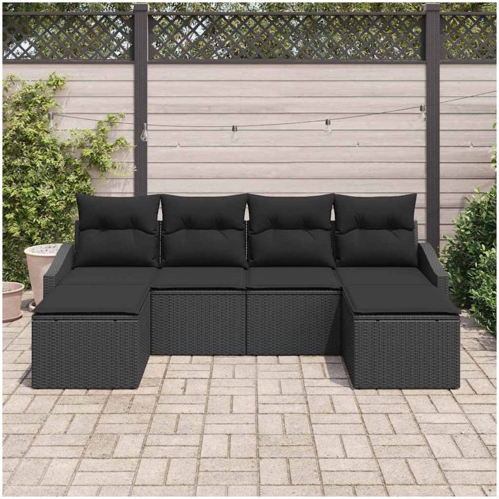6-delars trädgårdsmöbelset med kuddar i svart polyrotting vidaXL 233 x 117 x 85 cm – bild 3