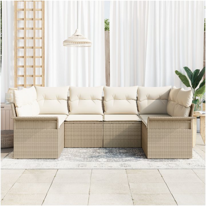 6-delars trädgårdsofa set med kuddar beige poly rattan vidaXL 234 x 132.5 x 85 cm – bild 3