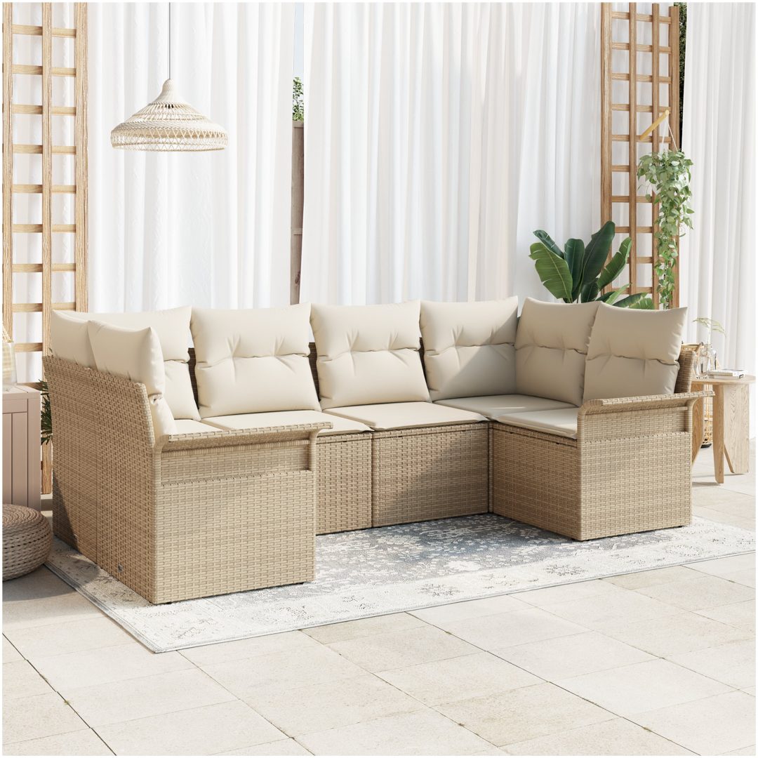 6-delars trädgårdsofa set med kuddar beige poly rattan vidaXL 234 x 132.5 x 85 cm