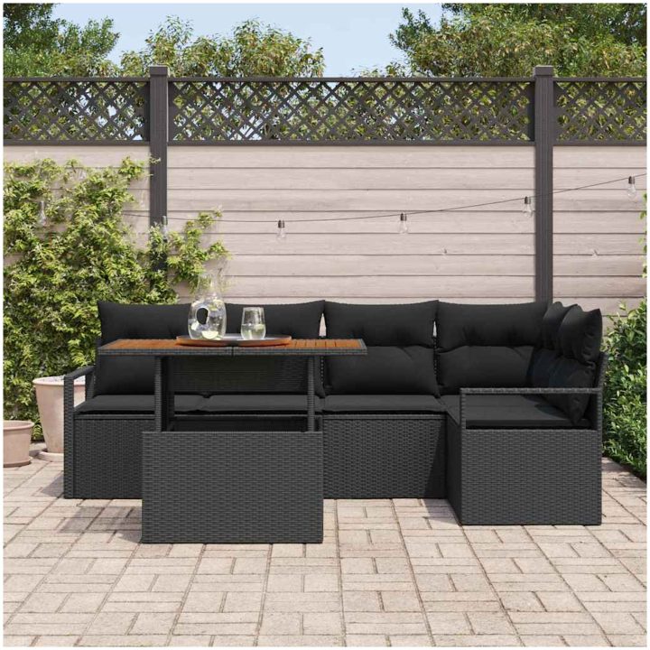 6 Delars Trädgårdsofa Set med Kuddar Svart Poly Rattan vidaXL Stor – bild 3