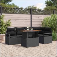 6 Delars Trädgårdsofa Set med Kuddar Svart Poly Rattan vidaXL