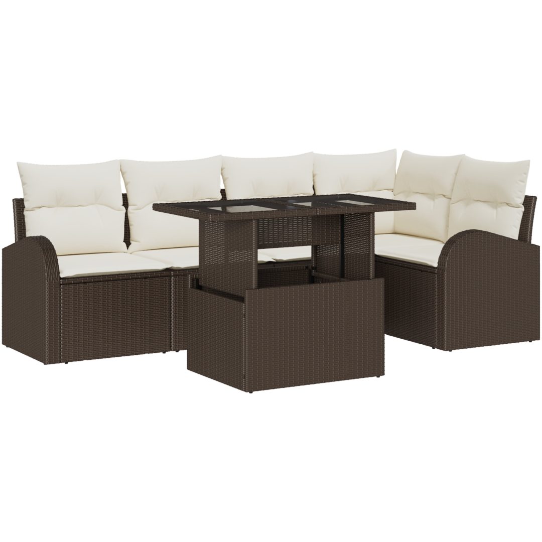 6-delars Trädgårdsofaset med Kuddar Brun Poly Rattan vidaXL 3 - Sits, 124 x 62 x 69 cm, medium – bild 2