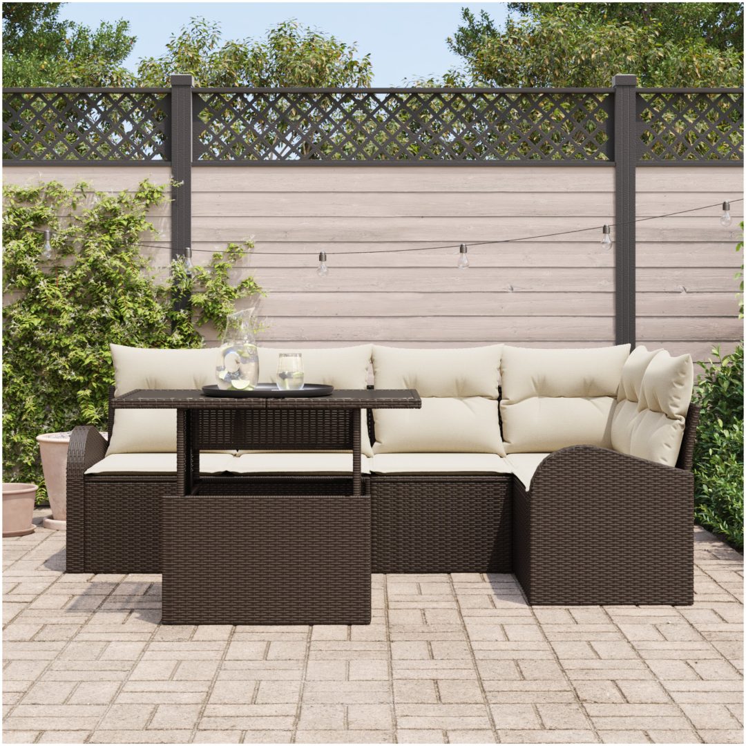 6-delars Trädgårdsofaset med Kuddar Brun Poly Rattan vidaXL 3 - Sits, 124 x 62 x 69 cm, medium – bild 3
