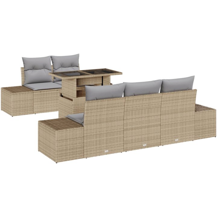 6-delars trädgårdsoff set med kuddar Beige Poly Rattan vidaXL 100 x 55 x 73 cm – bild 2