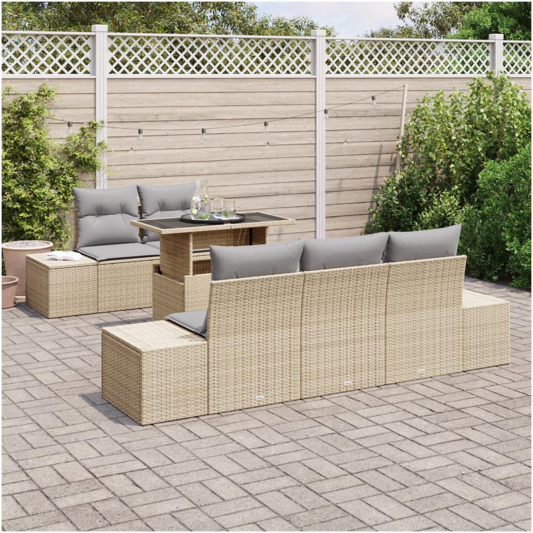 6-delars trädgårdsoff set med kuddar Beige Poly Rattan vidaXL 100 x 55 x 73 cm – bild 3