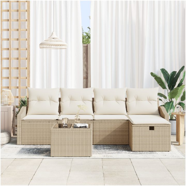 6-delars trädgårdsoff-set med kuddar, beige poly rattan vidaXL 55 x 55 x 37 cm – bild 3