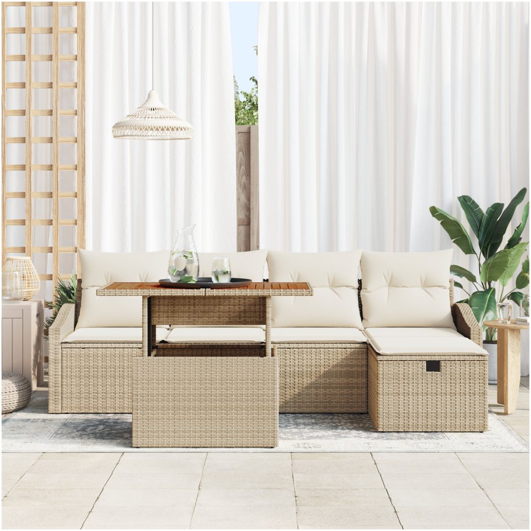 6-delars Trädgårdsoff-set med Kuddar Beige Poly Rattan vidaXL 55 x 55 x 37 cm – bild 3