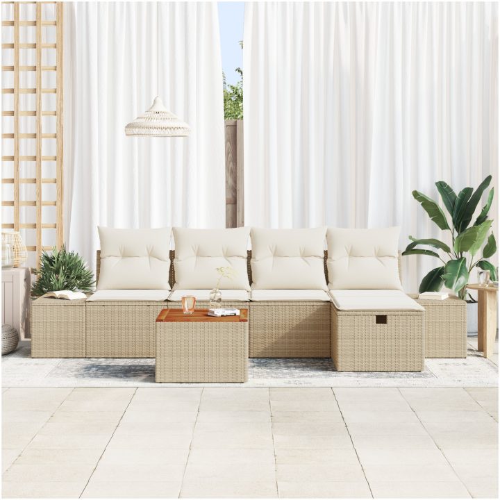 6-delars Trädgårdsoff set med kuddar Beige Poly Rottin vidaXL 55 x 55 x 37 cm – bild 3