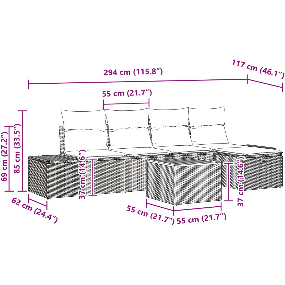 6-delars Trädgårdsoff set med kuddar Beige Poly Rottin vidaXL 55 x 55 x 37 cm – bild 10
