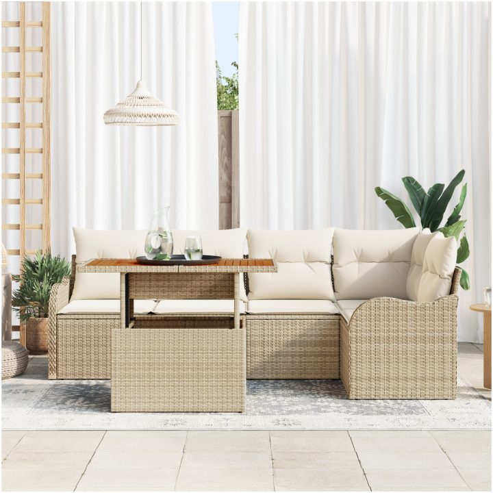 6-delars trädgårdsoff set med kuddar beige poly rotting akacia vidaXL Medium – bild 3