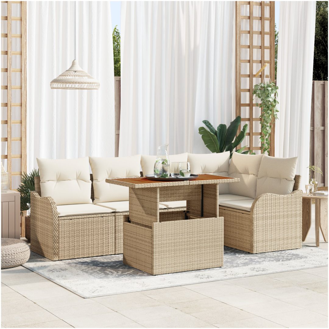 6-delars trädgårdsoff set med kuddar beige poly rotting akacia vidaXL Medium