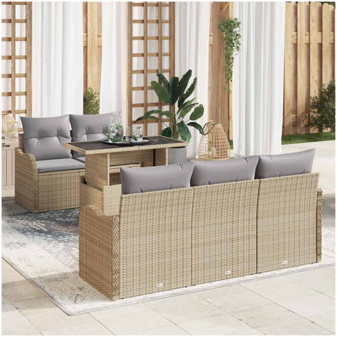 6-delars trädgårdsoff-set med kuddar beige poly rotting vidaXL Medium
