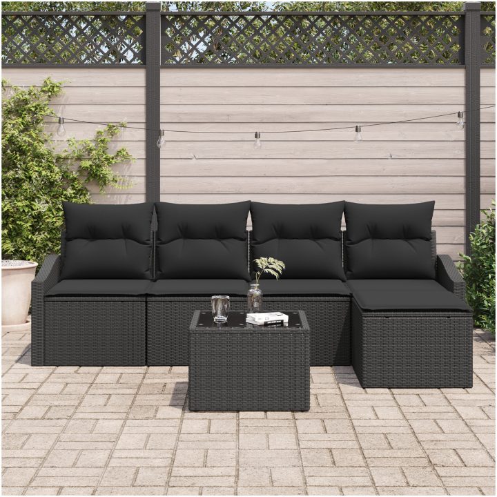 6-delars trädgårdsoff-set med kuddar beige polyrotting vidaXL 233 x 117 x 85 cm – bild 3