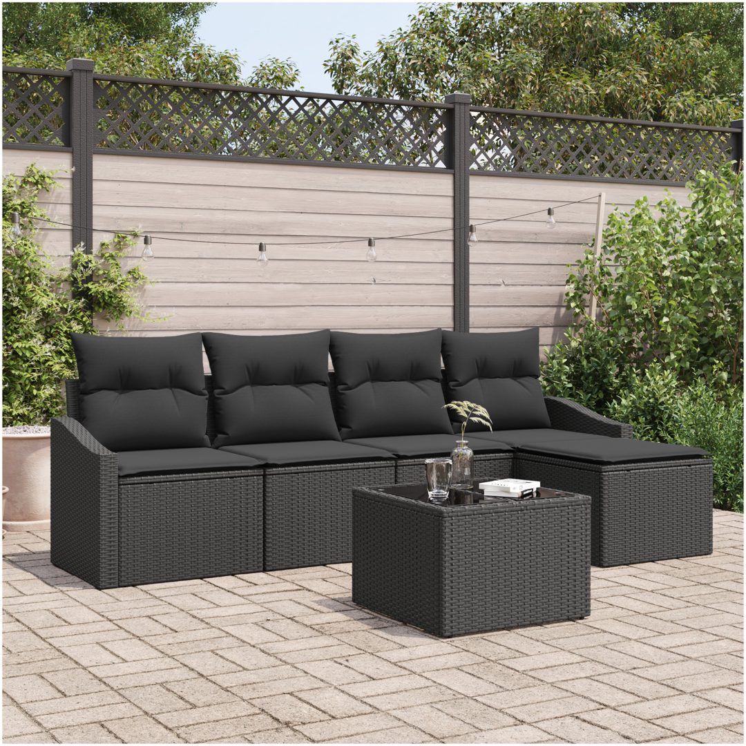 6-delars trädgårdsoff-set med kuddar beige polyrotting vidaXL 233 x 117 x 85 cm