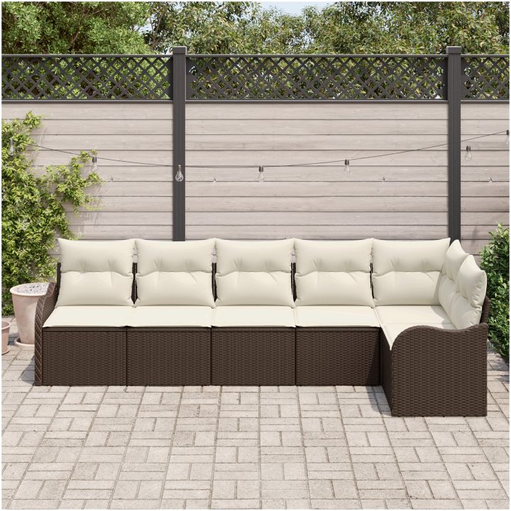6-delars trädgårdsoff set med kuddar Brun Poly Rattan vidaXL Modulär storlek med justerbar layout – bild 3