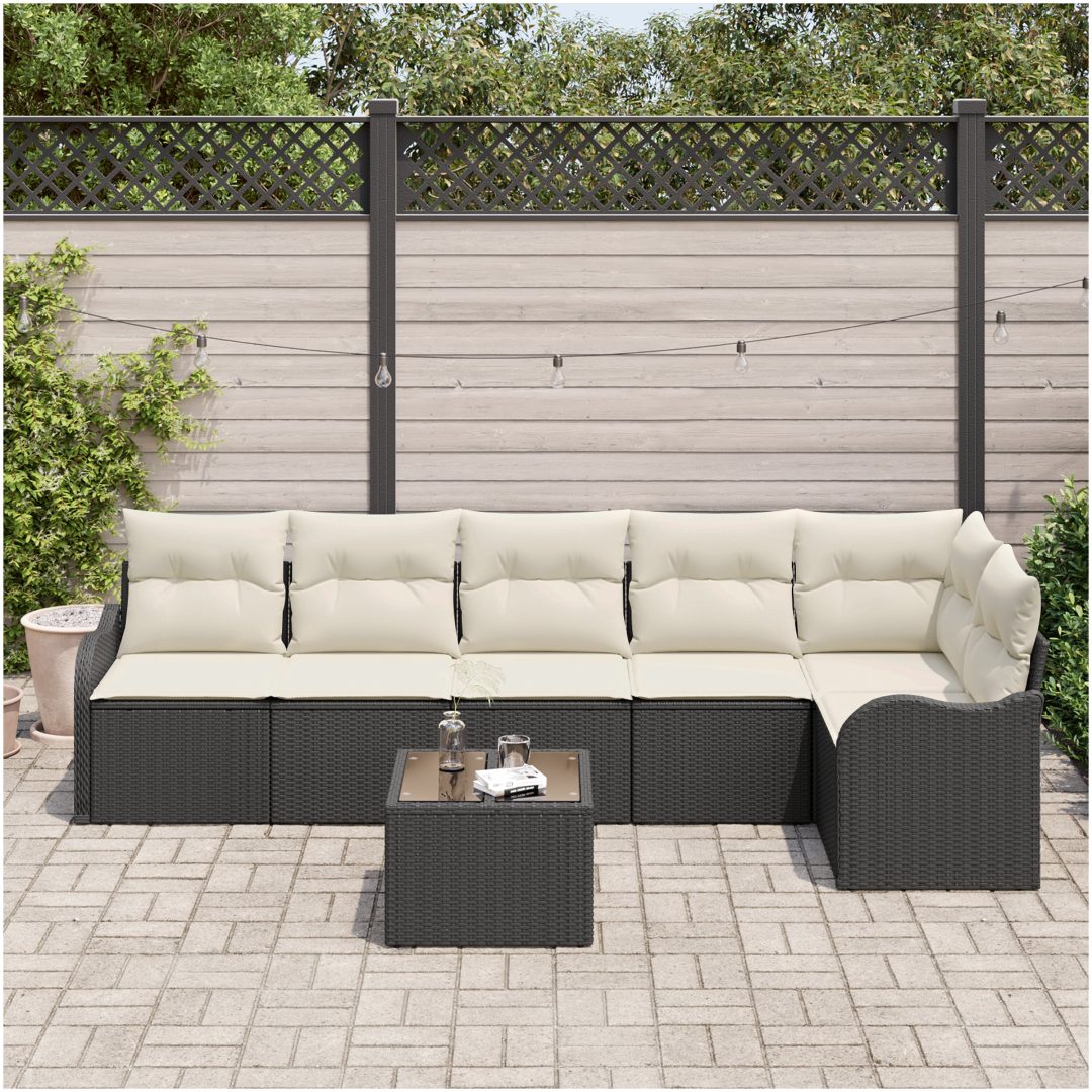 6-delars trädgårdsoff-set med kuddar brun poly rattan vidaXL Stor – bild 3