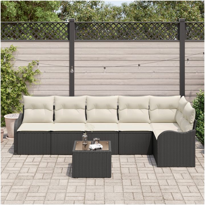 6-delars trädgårdsoff-set med kuddar brun poly rattan vidaXL Stor – bild 3