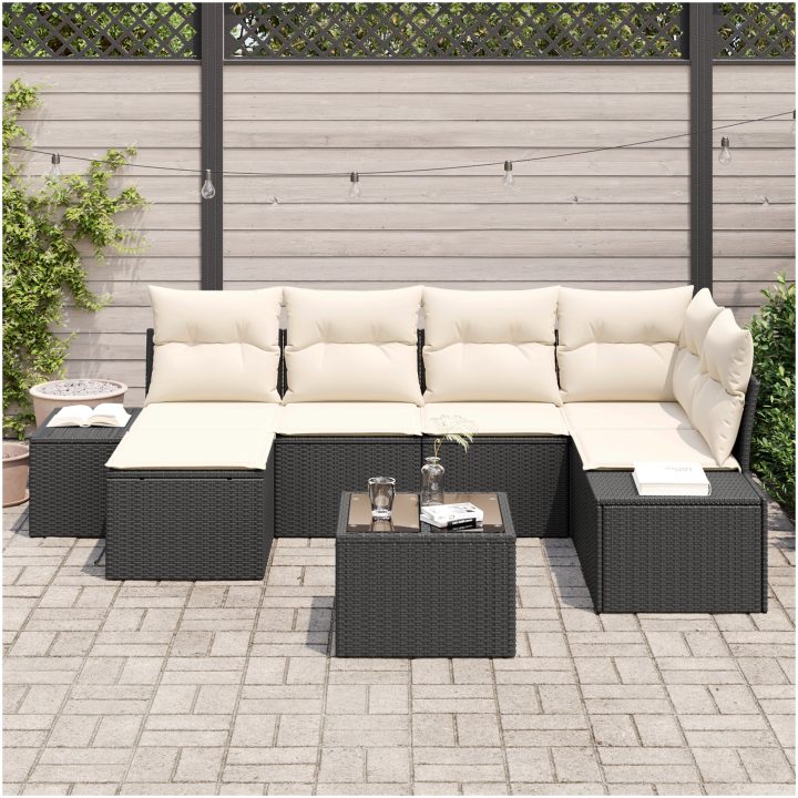 6-delars trädgårdsoff-set med kuddar Brunt Poly Rattan vidaXL 264 x 154 x 85 cm – bild 3