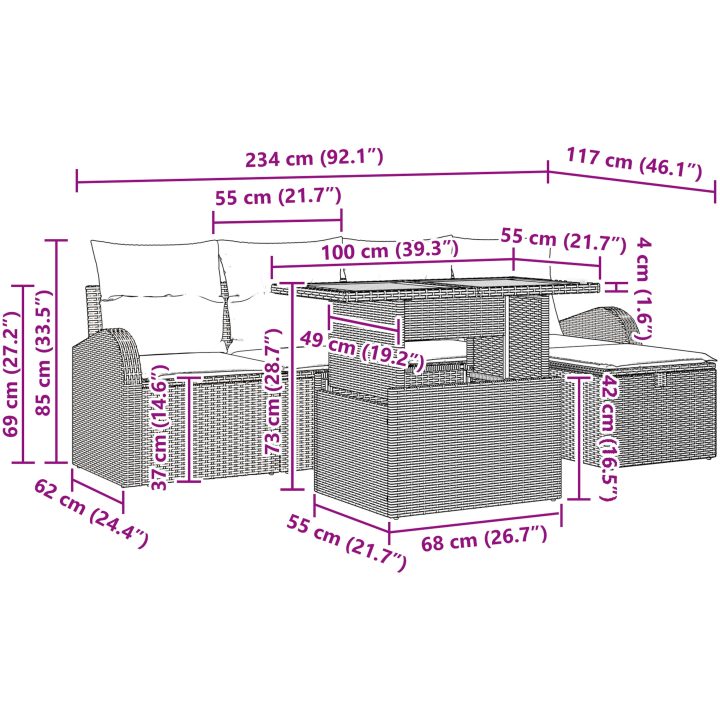 6-delars Trädgårdsoff-set med kuddar Grå Konstrotting vidaXL 55 x 55 x 37 cm – bild 12
