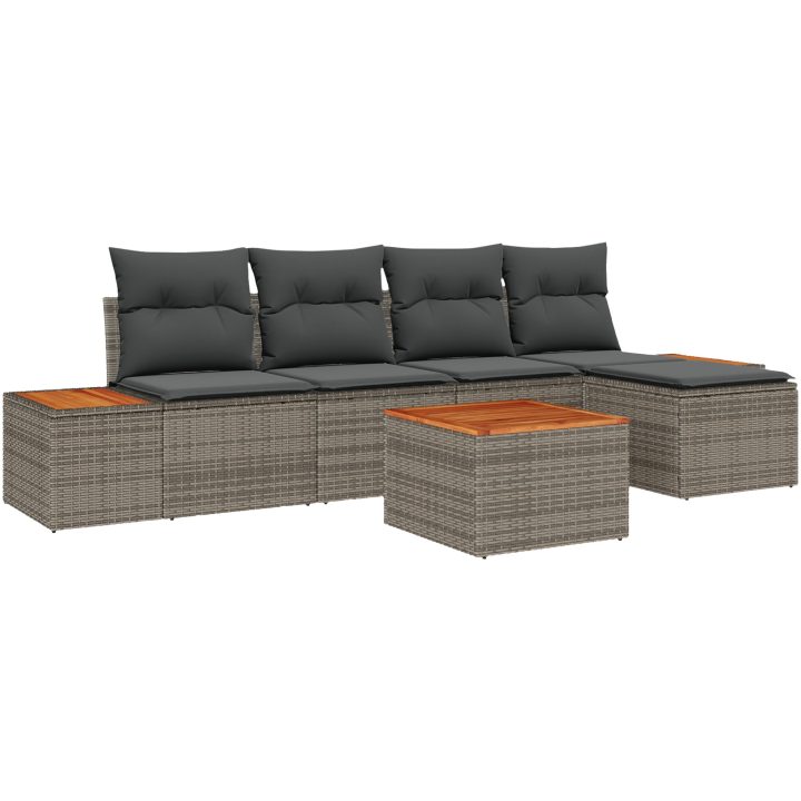 6-delars trädgårdsoff-set med kuddar Grå Poly Rattan Akacia vidaXL 55 x 55 x 37 cm – bild 2