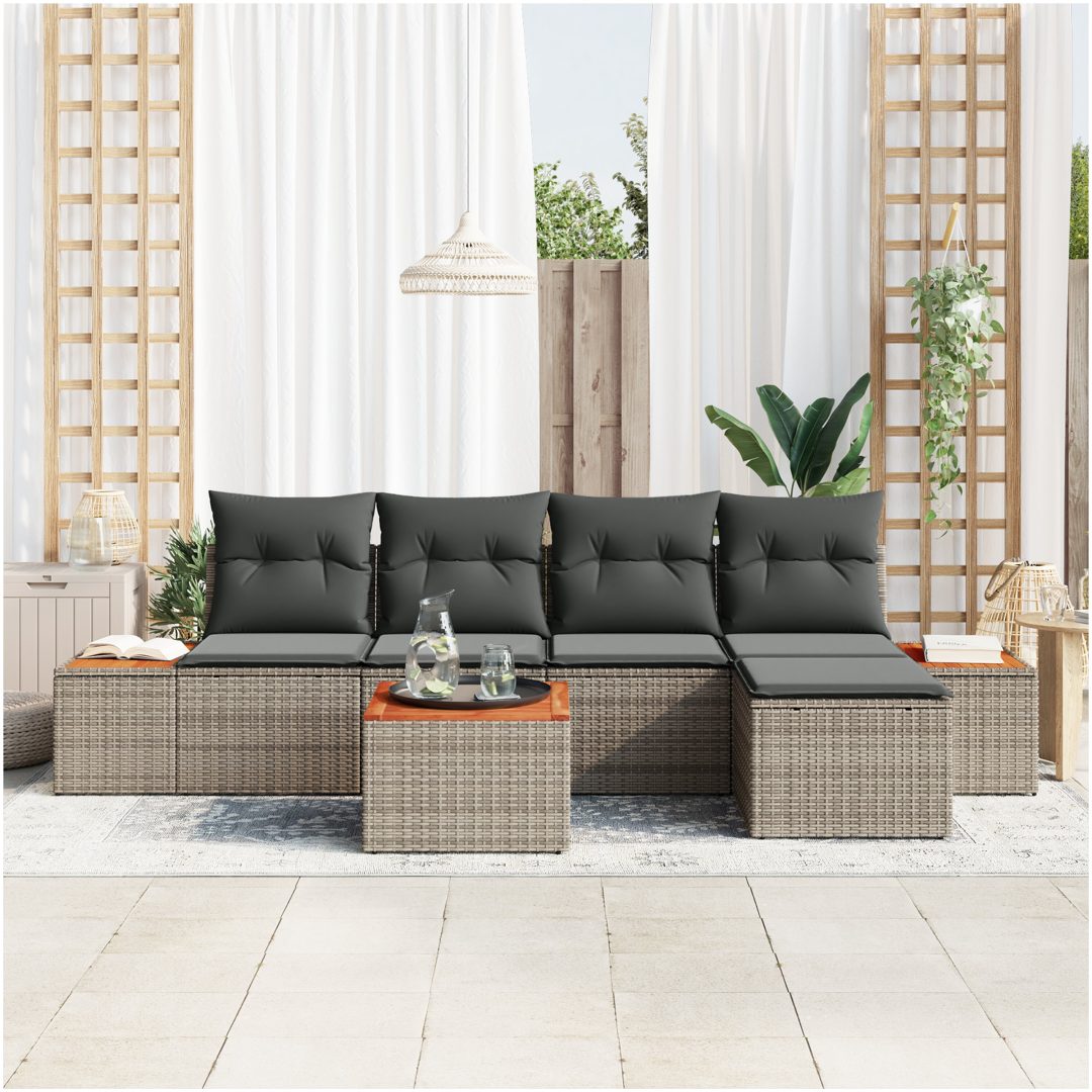 6-delars trädgårdsoff-set med kuddar Grå Poly Rattan Akacia vidaXL 55 x 55 x 37 cm – bild 3