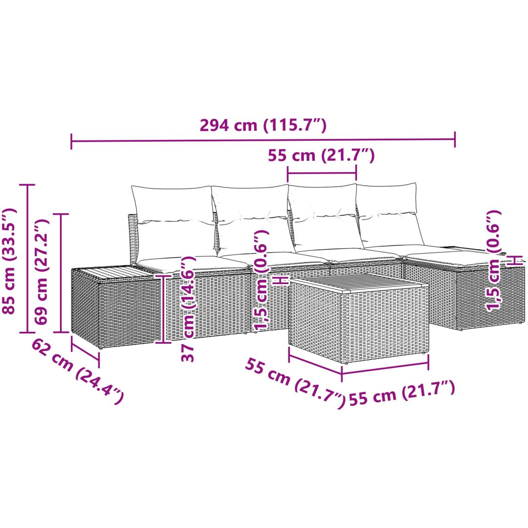 6-delars trädgårdsoff-set med kuddar Grå Poly Rattan Akacia vidaXL 55 x 55 x 37 cm – bild 9