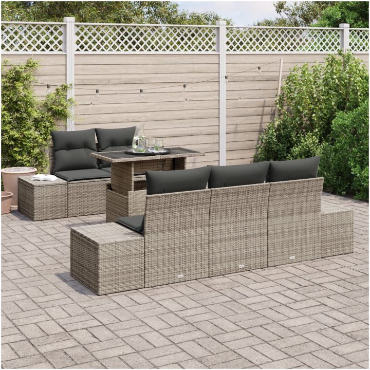 6-delars trädgårdsoff-set med kuddar, grå poly rattan vidaXL 100 x 55 x 73 cm – bild 3